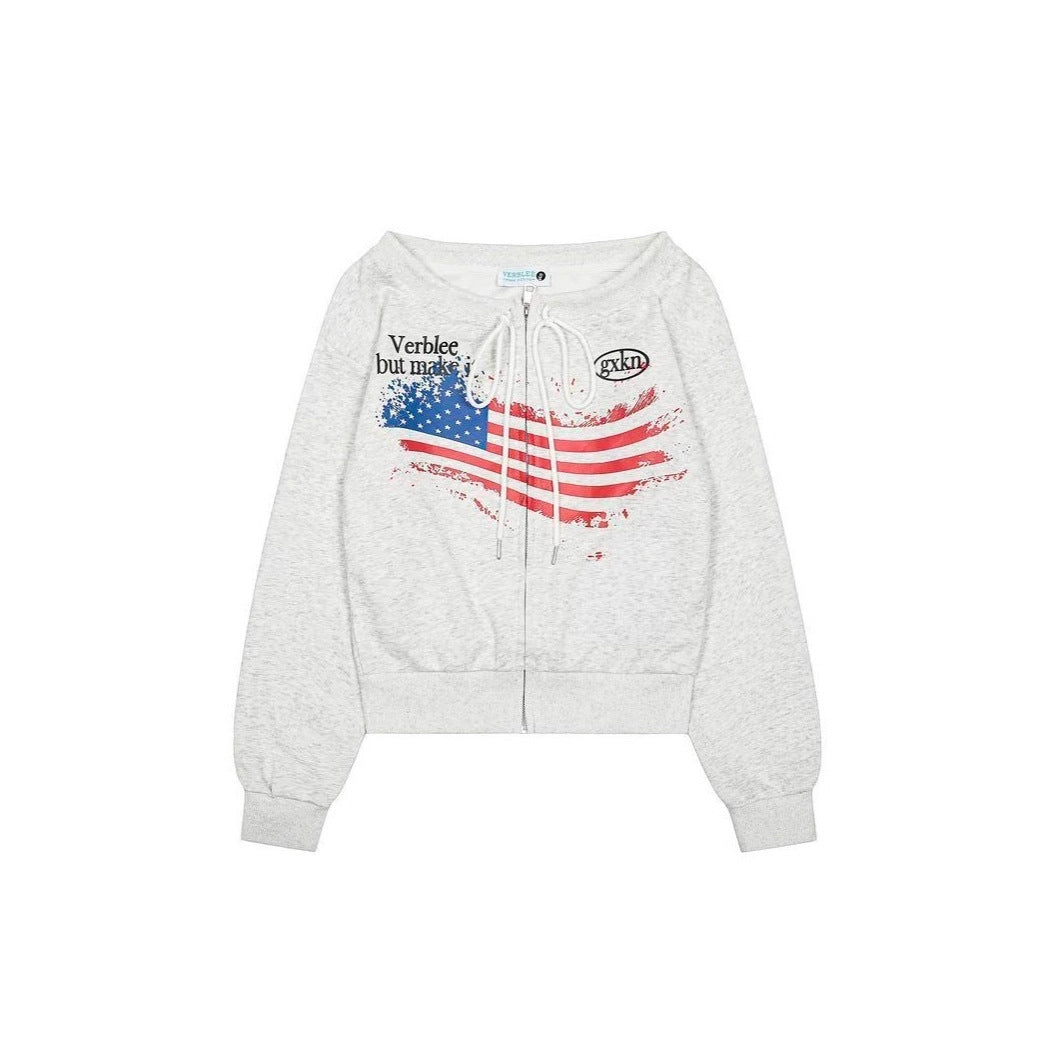 Streetwear Vintage Distressed Shoulder-Baring Hoodie for Women