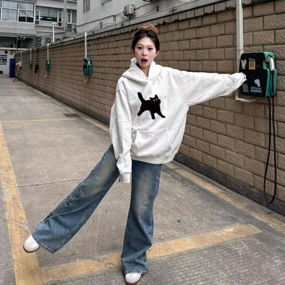 Retro Gray Pure Cotton Hoodie for Women, Casual Loose Fleece-Lined Thickened Sweatshirt