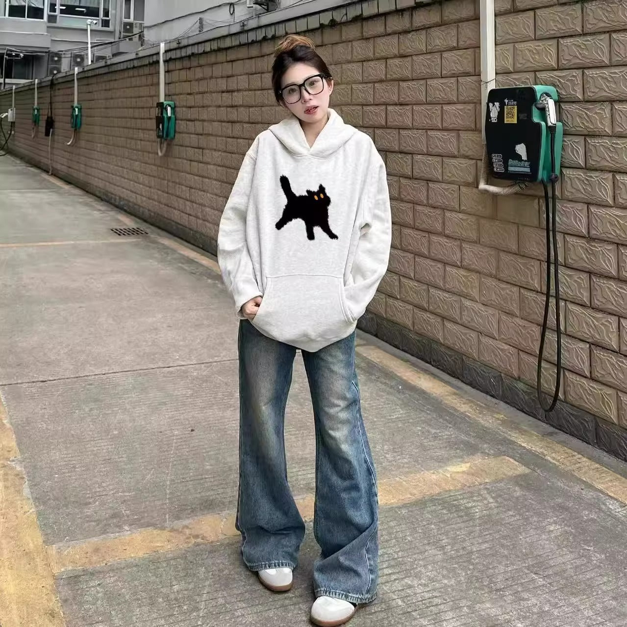 Retro Gray Pure Cotton Hoodie for Women, Casual Loose Fleece-Lined Thickened Sweatshirt