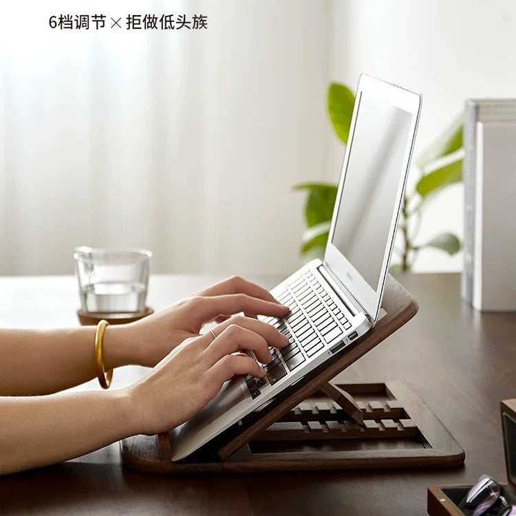 Walnut Solid Wood Desktop Laptop Stand, Home Tablet Riser with Cooling Ventilation, Foldable Portable Mini Holder
