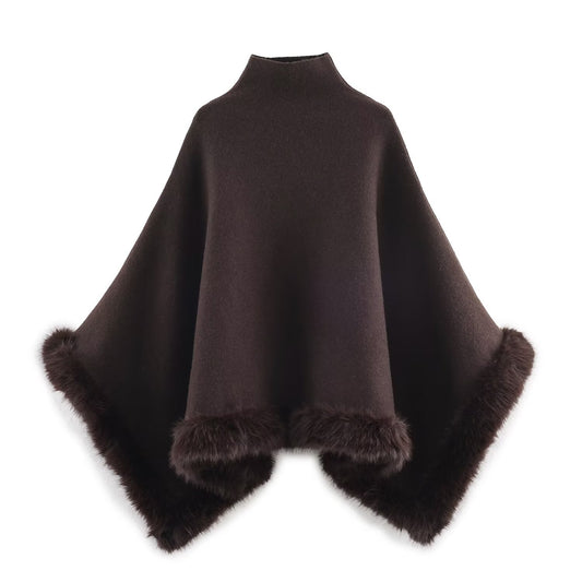 Women's Fashion Faux Fur Knit Cape Coat