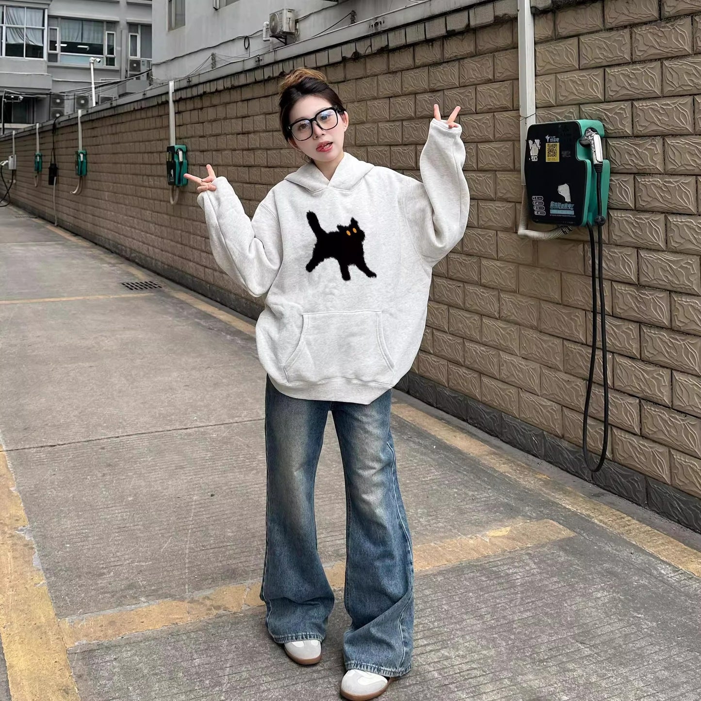Retro Gray Pure Cotton Hoodie for Women, Casual Loose Fleece-Lined Thickened Sweatshirt