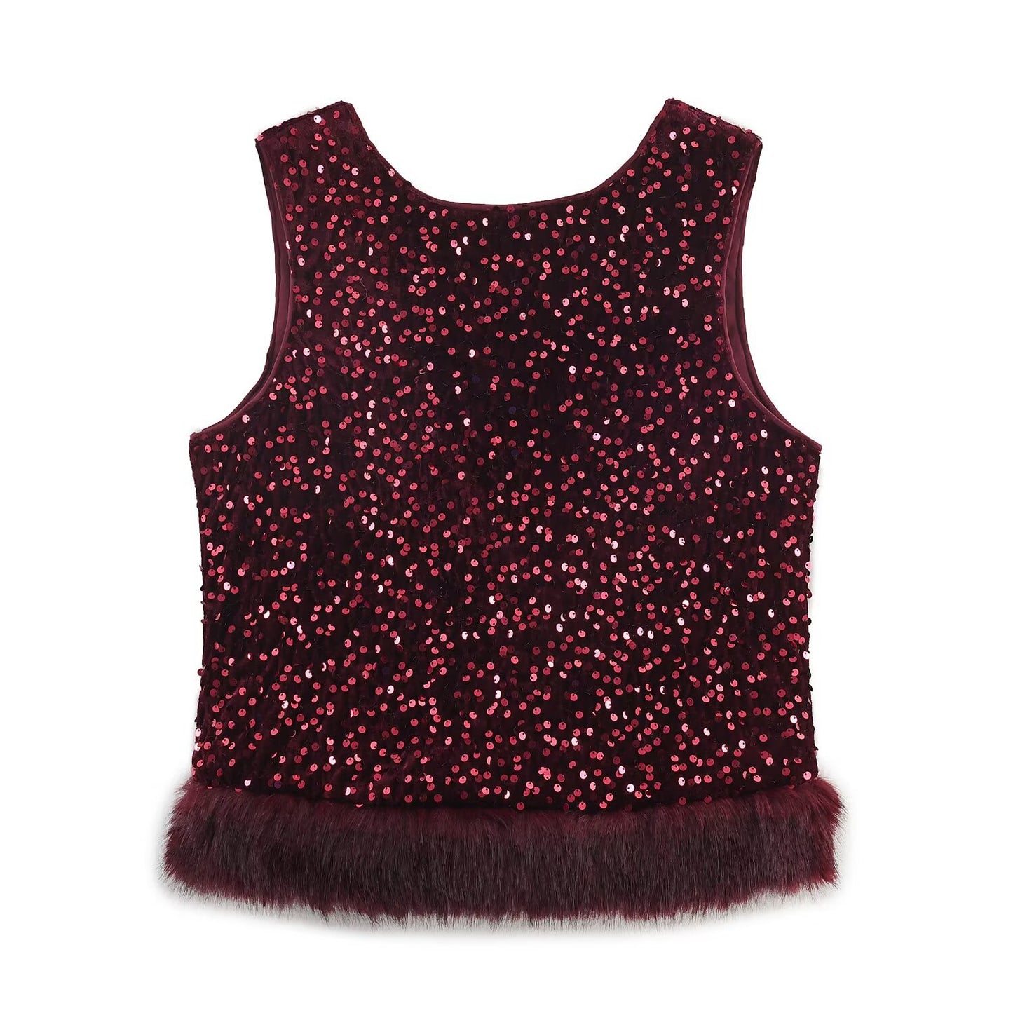 Women's New Fashion Sequin Decorated Faux Fur Effect Hem Top Bucket Pants