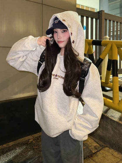 Heavyweight Gray Letter Hoodie Sweatshirt Women Fleece Lined Thick Loose College Style Cotton Outerwear