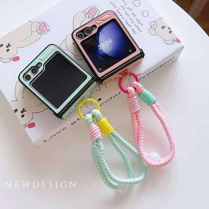 Korean Style Leather Stripe Case for Galaxy Z Flip 7/6/3/4 with Strap, Samsung 5th Gen Foldable Phone Protection