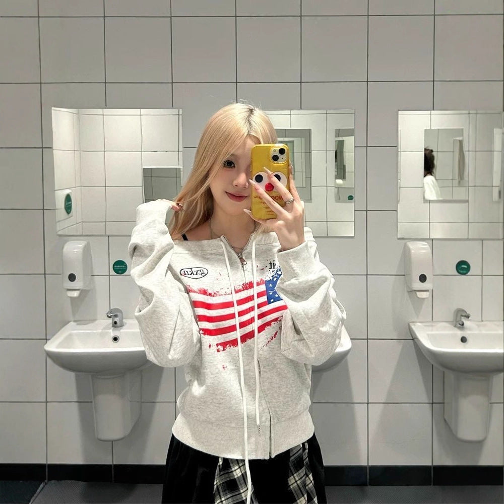 Streetwear Vintage Distressed Shoulder-Baring Hoodie for Women