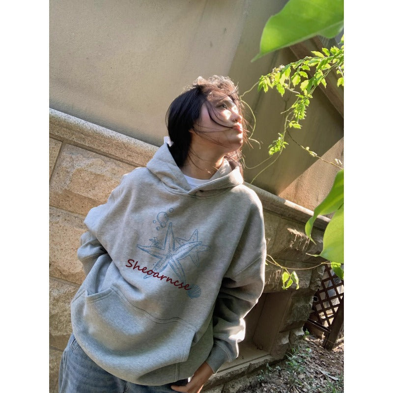 Gray Hoodie for Women, Cotton, Loose Oversized, Fleece Lined, Casual Sweatshirt
