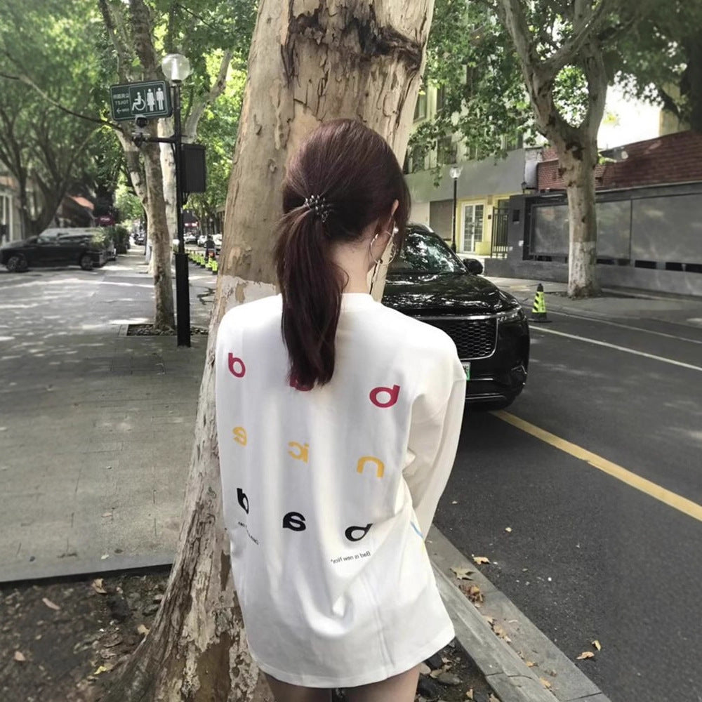 White Stitched Panel Crewneck Hoodie for Women, Lightweight Loose Oversized Long Sleeve Top