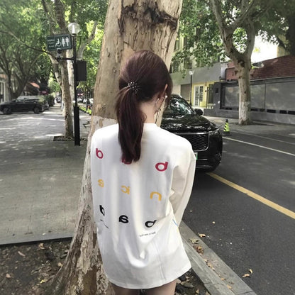 White Stitched Panel Crewneck Hoodie for Women, Lightweight Loose Oversized Long Sleeve Top