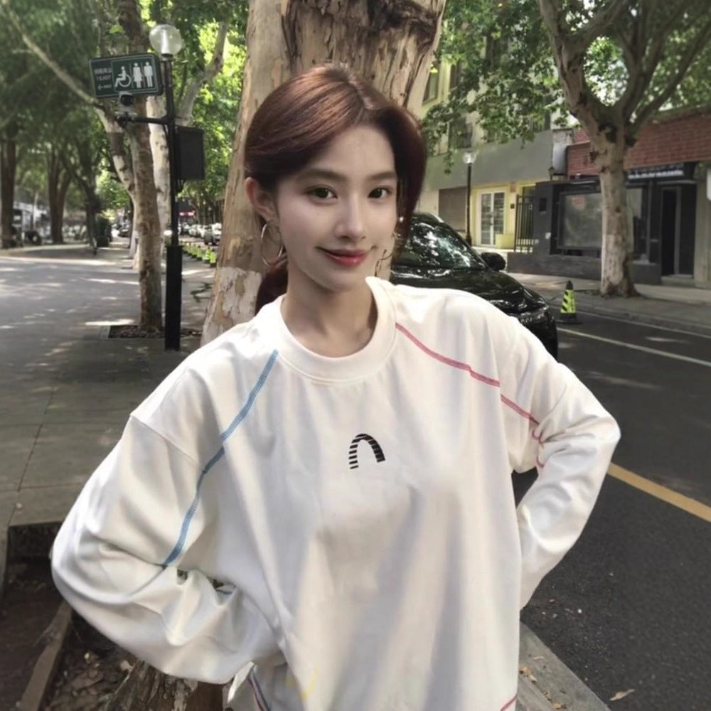 White Stitched Panel Crewneck Hoodie for Women, Lightweight Loose Oversized Long Sleeve Top