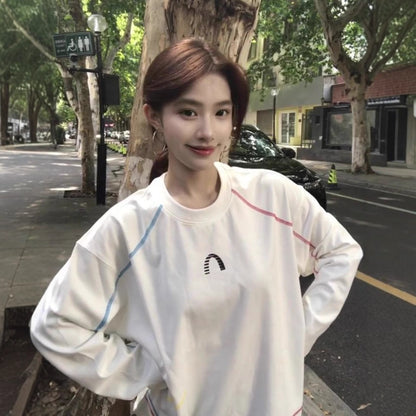 White Stitched Panel Crewneck Hoodie for Women, Lightweight Loose Oversized Long Sleeve Top