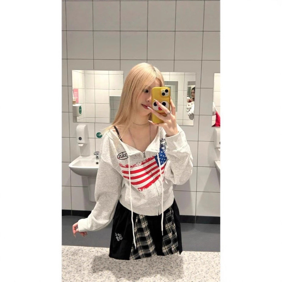 Streetwear Vintage Distressed Shoulder-Baring Hoodie for Women