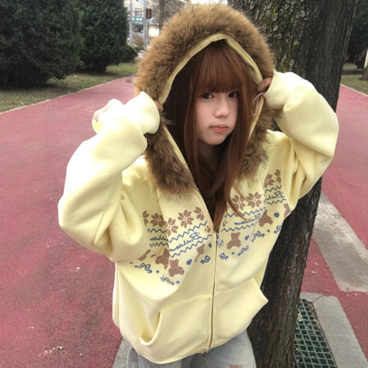 Vintage Fair Isle Faux Fur Collar Cream Bear Hoodie Women's Plush Loose Open Front Hooded Oversized Jacket