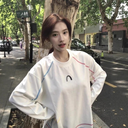 White Stitched Panel Crewneck Hoodie for Women, Lightweight Loose Oversized Long Sleeve Top