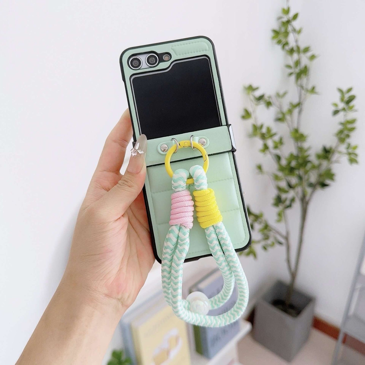 Korean Style Leather Stripe Case for Galaxy Z Flip 7/6/3/4 with Strap, Samsung 5th Gen Foldable Phone Protection