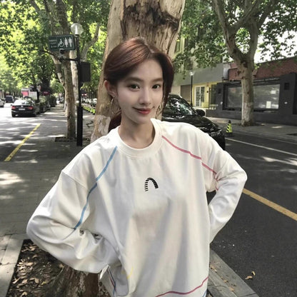 White Stitched Panel Crewneck Hoodie for Women, Lightweight Loose Oversized Long Sleeve Top