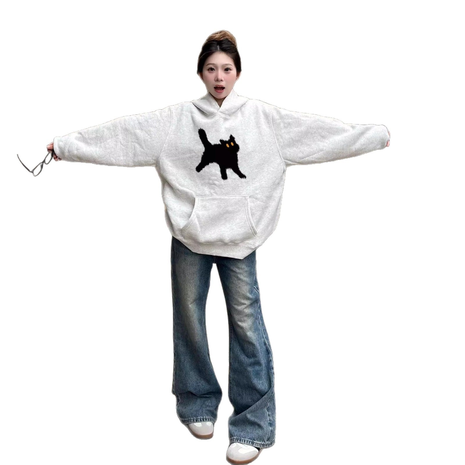 Retro Gray Pure Cotton Hoodie for Women, Casual Loose Fleece-Lined Thickened Sweatshirt