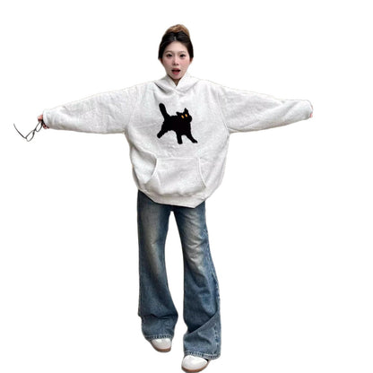 Retro Gray Pure Cotton Hoodie for Women, Casual Loose Fleece-Lined Thickened Sweatshirt
