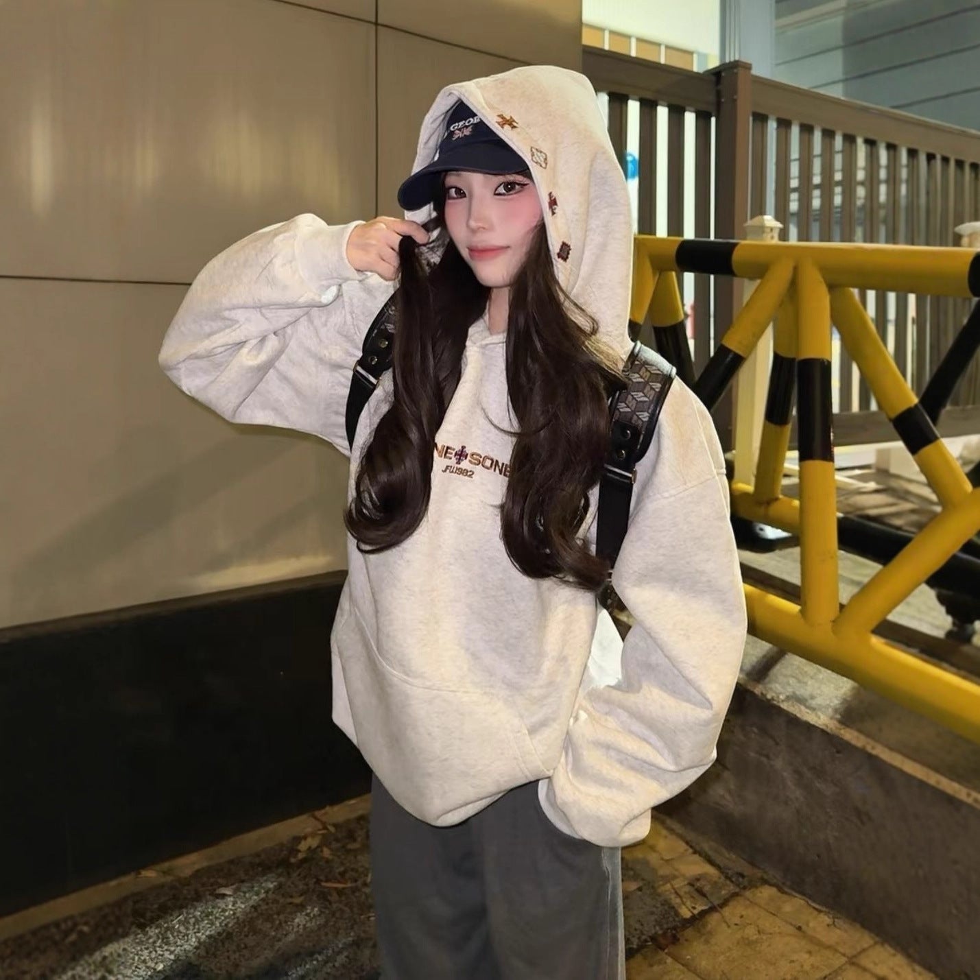 Heavyweight Gray Letter Hoodie Sweatshirt Women Fleece Lined Thick Loose College Style Cotton Outerwear