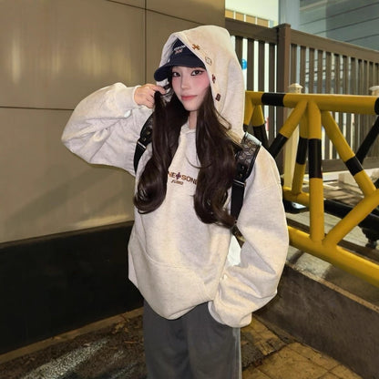 Heavyweight Gray Letter Hoodie Sweatshirt Women Fleece Lined Thick Loose College Style Cotton Outerwear