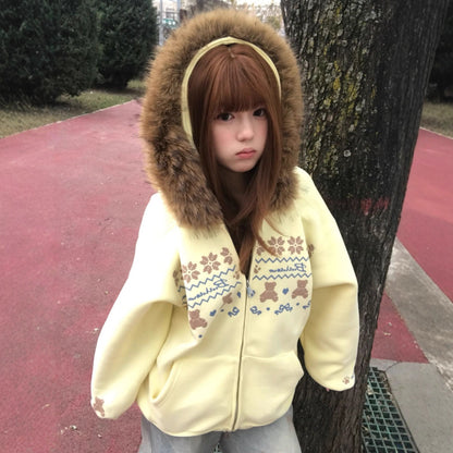 Vintage Fair Isle Faux Fur Collar Cream Bear Hoodie Women's Plush Loose Open Front Hooded Oversized Jacket