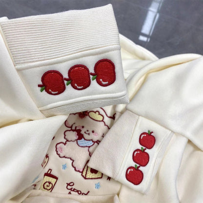 Cute Cartoon Embroidered Hoodie for Women, Fleece-Lined Thickened Lazy Style Top Jacket