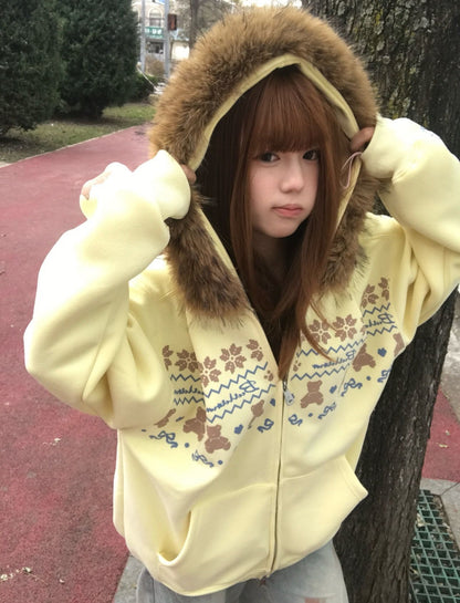 Vintage Fair Isle Faux Fur Collar Cream Bear Hoodie Women's Plush Loose Open Front Hooded Oversized Jacket