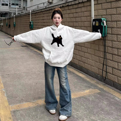 Retro Gray Pure Cotton Hoodie for Women, Casual Loose Fleece-Lined Thickened Sweatshirt