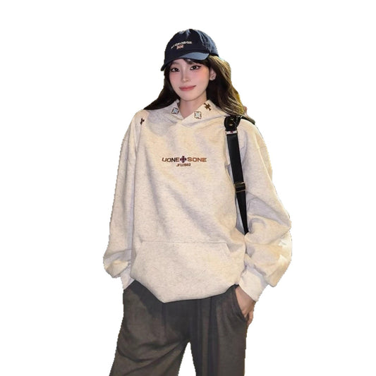 Heavyweight Gray Letter Hoodie Sweatshirt Women Fleece Lined Thick Loose College Style Cotton Outerwear