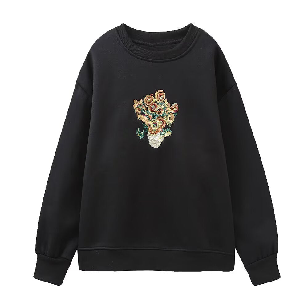 Style Floral Embroidery Long Sleeve Hoodie