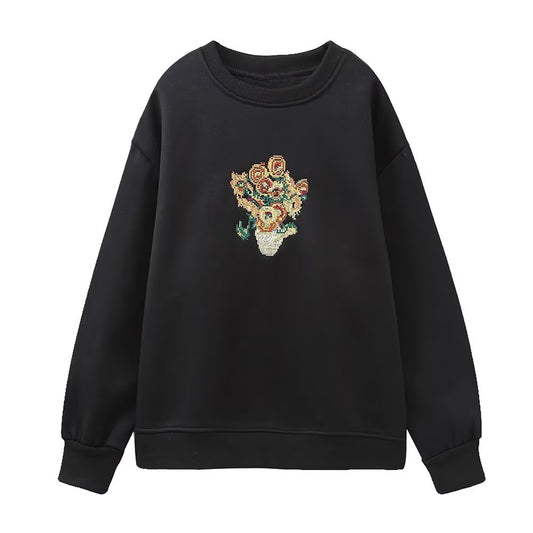 Style Floral Embroidery Long Sleeve Hoodie