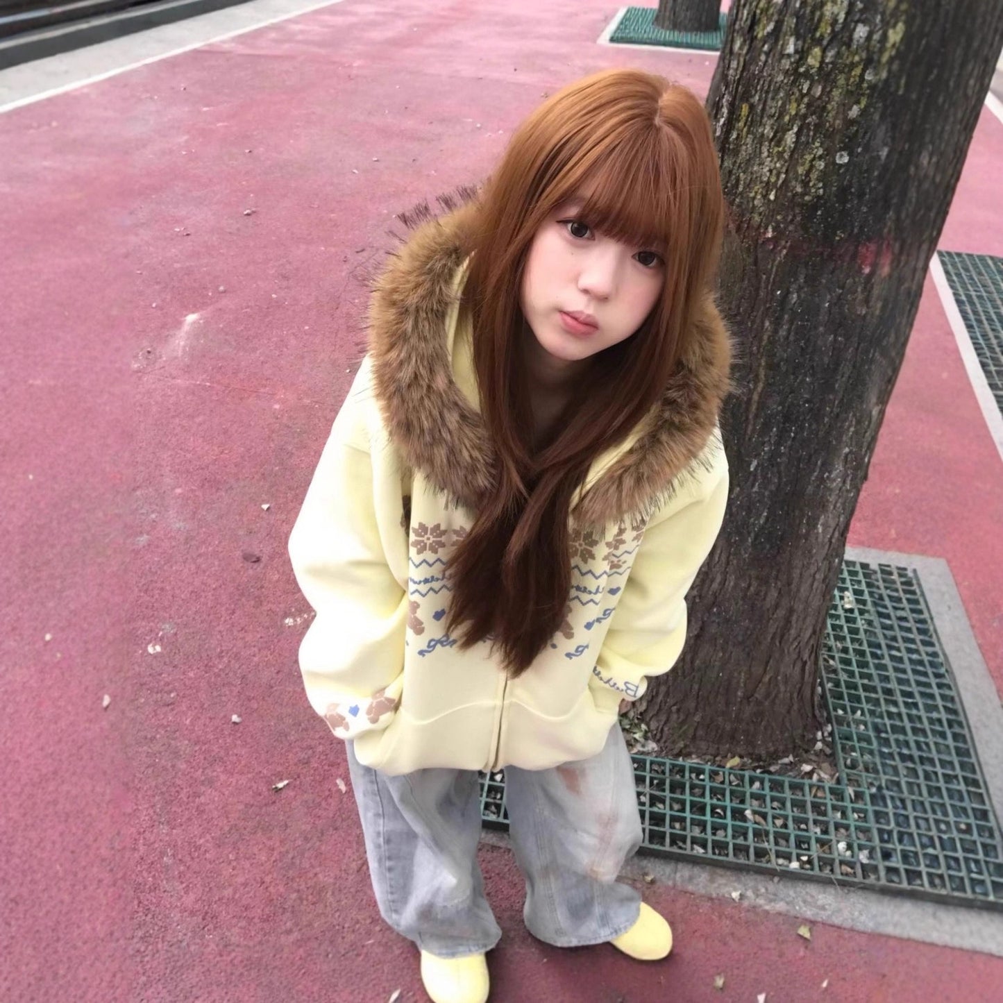 Vintage Fair Isle Faux Fur Collar Cream Bear Hoodie Women's Plush Loose Open Front Hooded Oversized Jacket