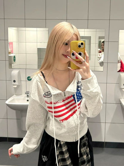 Streetwear Vintage Distressed Shoulder-Baring Hoodie for Women