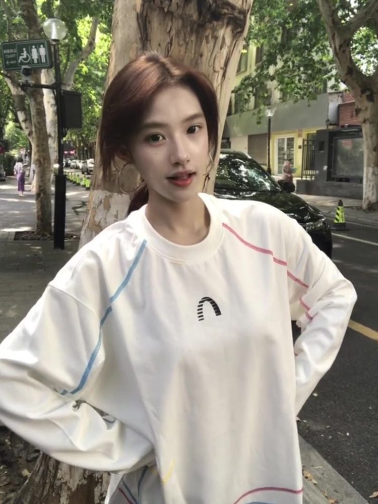 White Stitched Panel Crewneck Hoodie for Women, Lightweight Loose Oversized Long Sleeve Top
