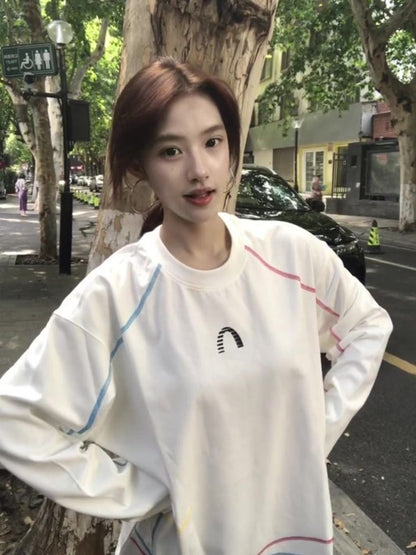 White Stitched Panel Crewneck Hoodie for Women, Lightweight Loose Oversized Long Sleeve Top