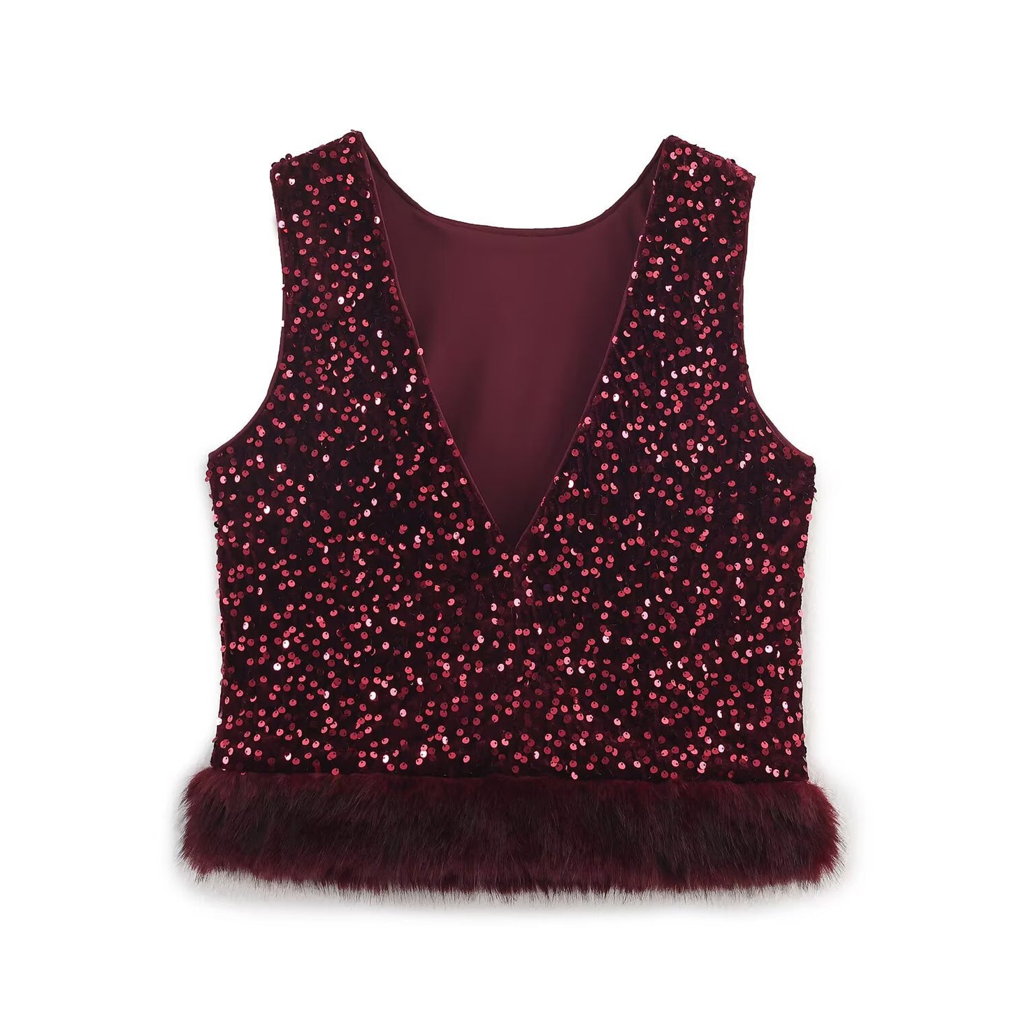 Women's New Fashion Sequin Decorated Faux Fur Effect Hem Top Bucket Pants
