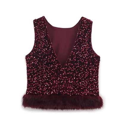 Women's New Fashion Sequin Decorated Faux Fur Effect Hem Top Bucket Pants