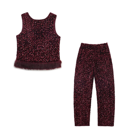 Women's New Fashion Sequin Decorated Faux Fur Effect Hem Top Bucket Pants