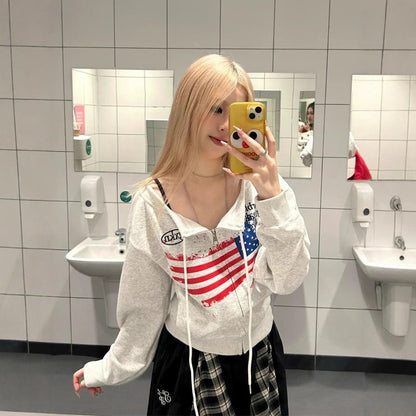 Streetwear Vintage Distressed Shoulder-Baring Hoodie for Women