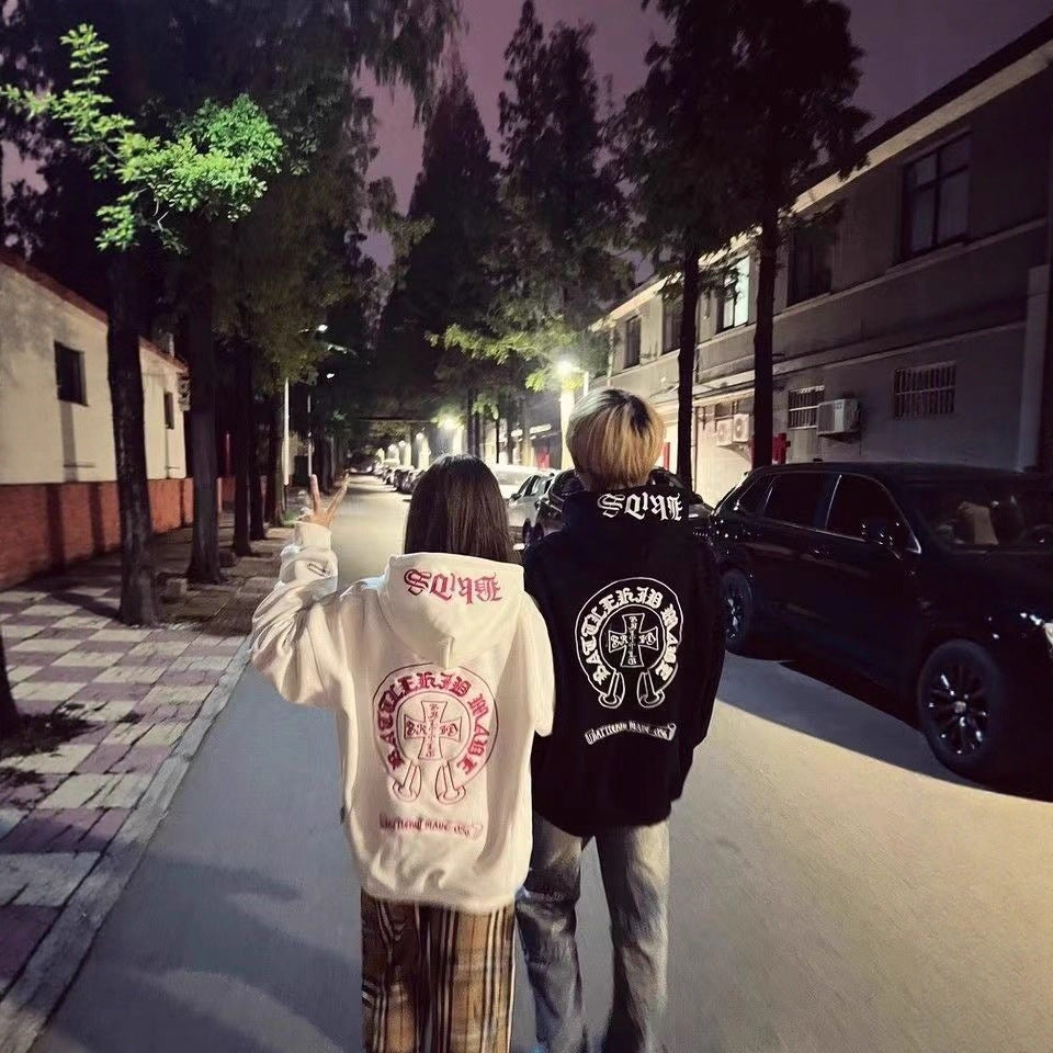 Retro Letter Print Hoodie Unisex Casual Couple Loose Outerwear