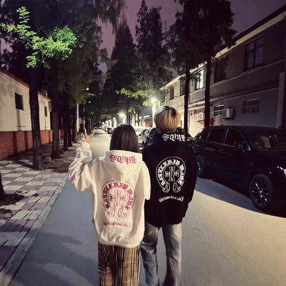 Retro Letter Print Hoodie Unisex Casual Couple Loose Outerwear