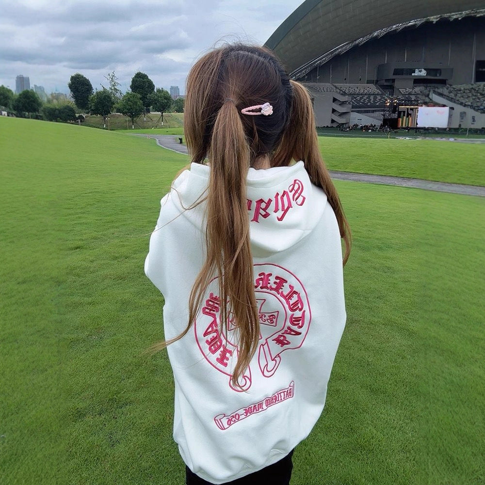 Retro Letter Print Hoodie Unisex Casual Couple Loose Outerwear