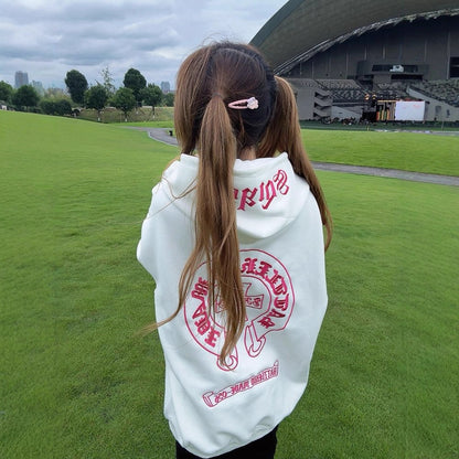 Retro Letter Print Hoodie Unisex Casual Couple Loose Outerwear