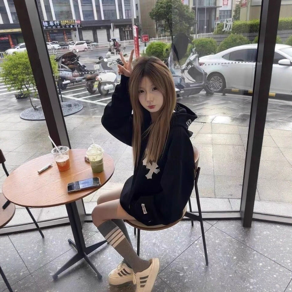 Retro Letter Print Hoodie Unisex Casual Couple Loose Outerwear