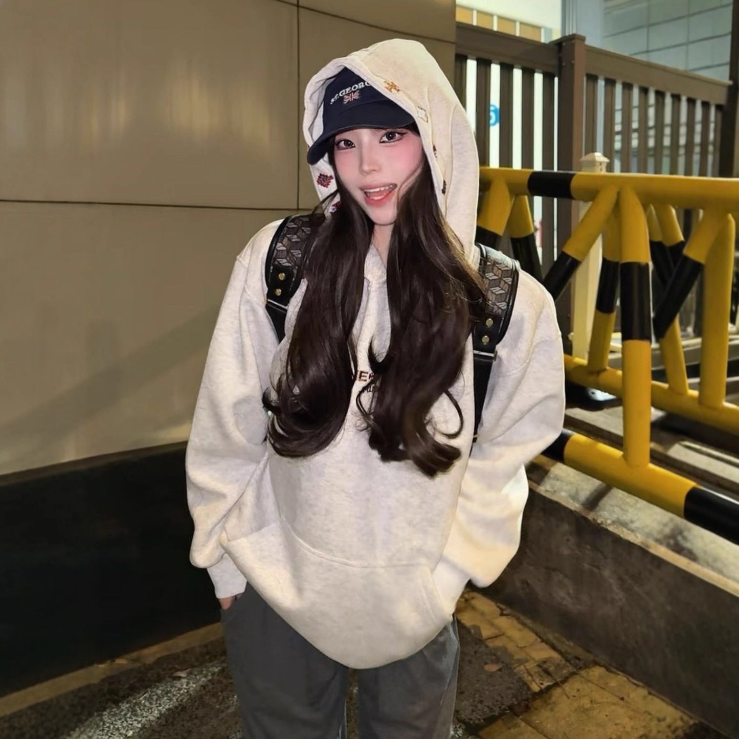 Heavyweight Gray Letter Hoodie Sweatshirt Women Fleece Lined Thick Loose College Style Cotton Outerwear
