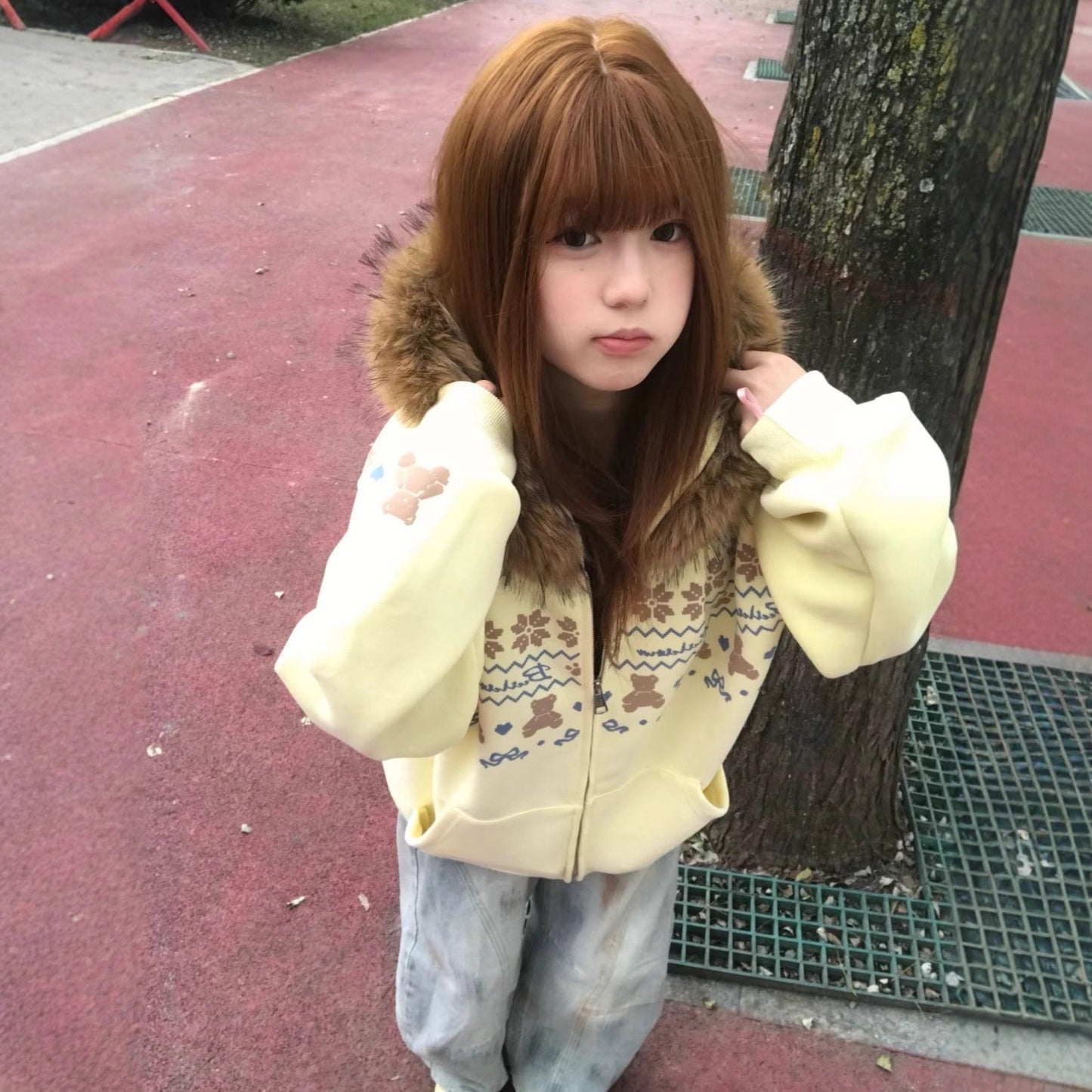 Vintage Fair Isle Faux Fur Collar Cream Bear Hoodie Women's Plush Loose Open Front Hooded Oversized Jacket