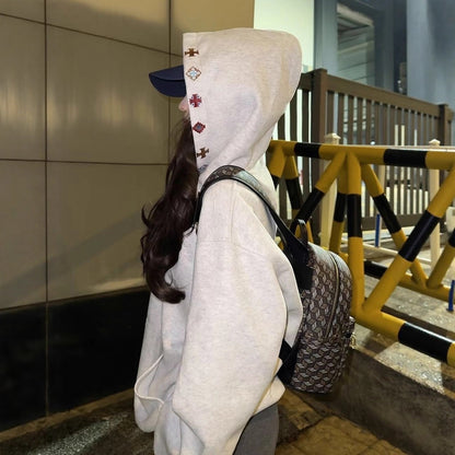 Heavyweight Gray Letter Hoodie Sweatshirt Women Fleece Lined Thick Loose College Style Cotton Outerwear