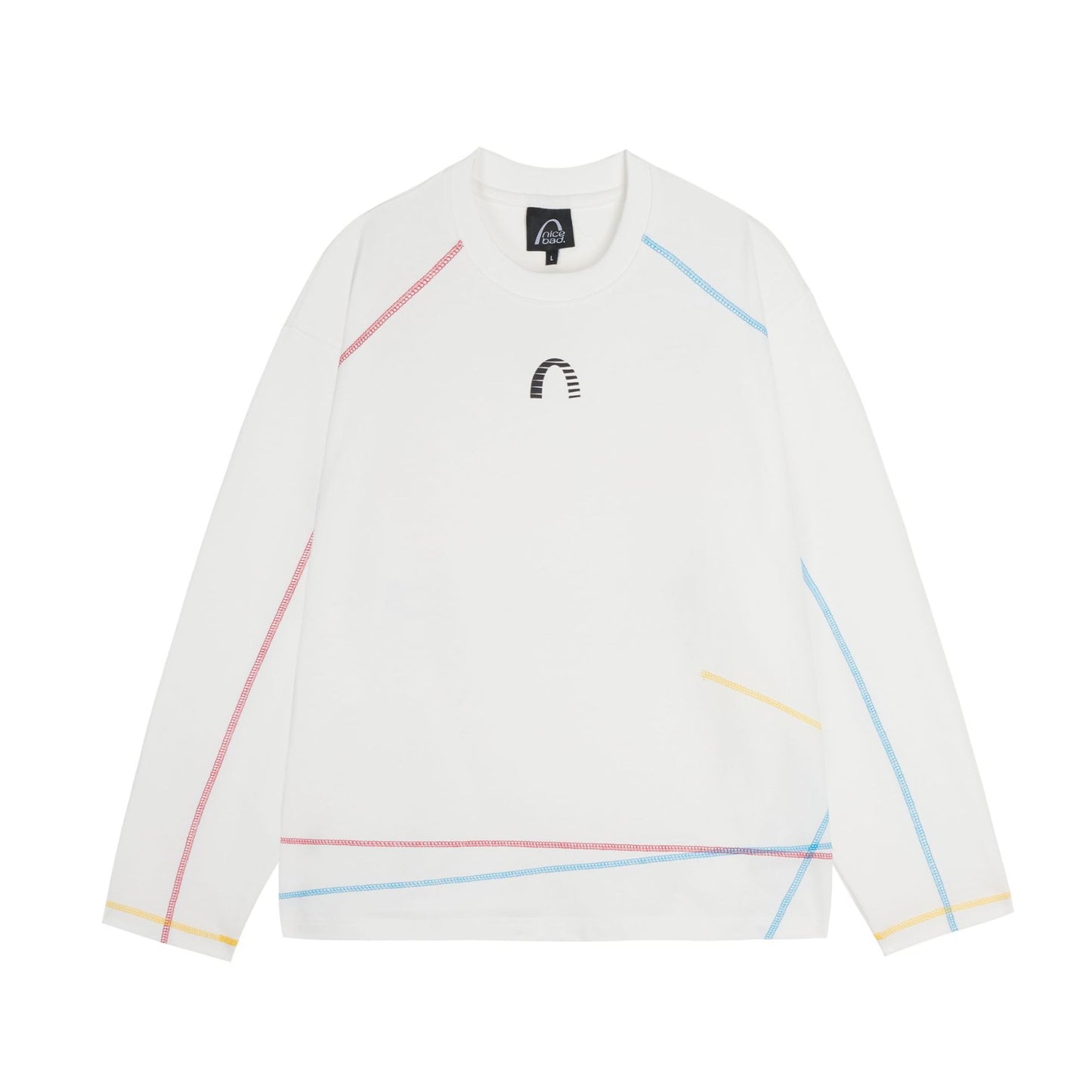 White Stitched Panel Crewneck Hoodie for Women, Lightweight Loose Oversized Long Sleeve Top