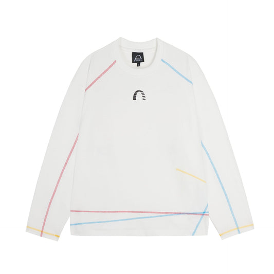 White Stitched Panel Crewneck Hoodie for Women, Lightweight Loose Oversized Long Sleeve Top